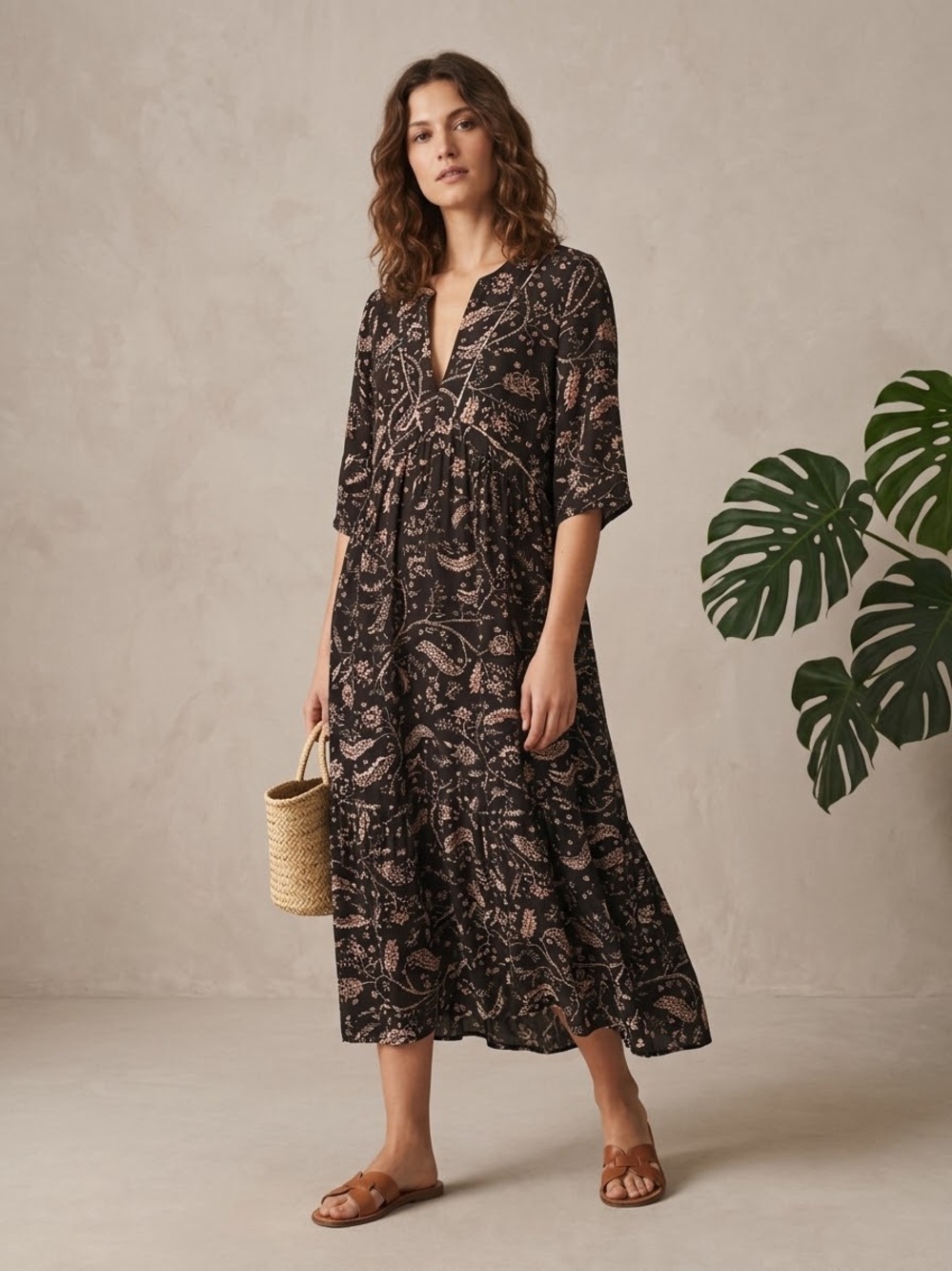 NEW ba&sh Cherry Printed Carbone Midi Dress 3/L